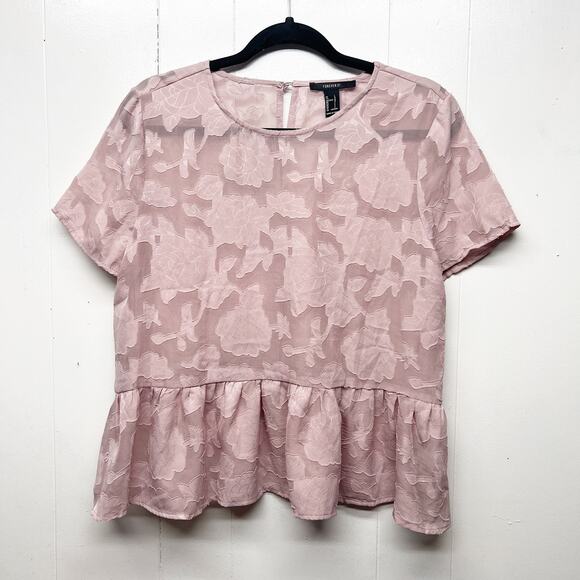 Forever 21 Pink Peplum Hem Short Sleeve Sheer Top Womens Sz Large Fairy Prairie - Picture 1 of 10